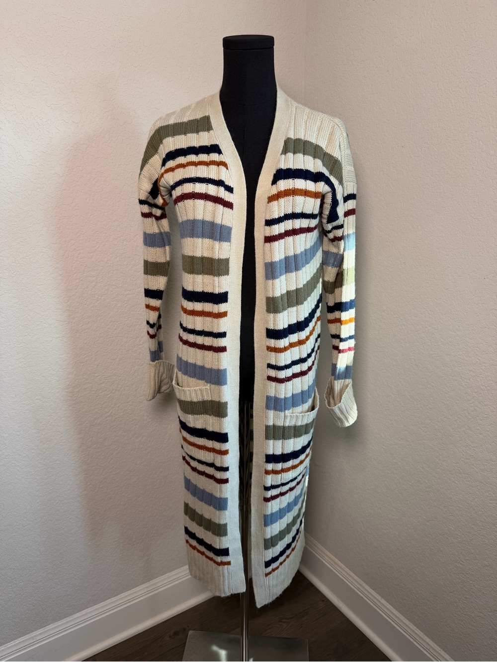 Hippie Rose Cream Long Open-Front Striped Cardigan